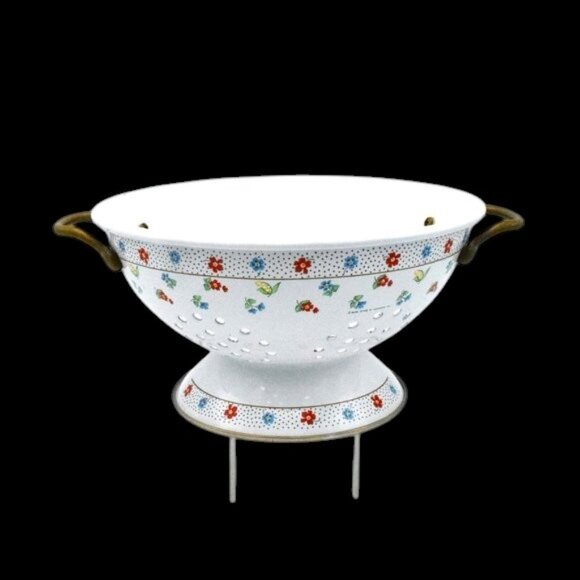 Vintage M. Kamenstein Inc. Colander White Enamel Floral Brass Handles - Picture 1 of 12